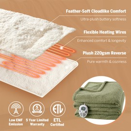 Serta Heated Blanket, Electric Twin Size, Soft, Warm, Fuzzy - Auto Shut Off Timer, 10 Lv Heat Setting, ETL Certified, 62" x 84" Sage