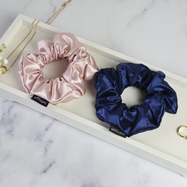 OFFTOPIC® Set of 2 Scrunchies for Pure Silk Hair | STOP Broken Hair and Signs on Hair | Elastic Silk Hair Accessory Elegant | Oeko-Tex Certified | Machine Washable | Pink & Blue