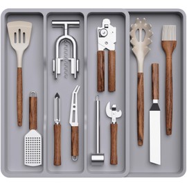 Lifewit Utensil Drawer Organizer, Expendable Cooking Silverware Tray for Kitchen Drawer, Adjustable Cutlery Flatware Holder, Plastic Spatula Tools and Gadgets Storage Divider, 4 Compartments, Gray