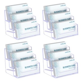 Uniclife 4 Pack Acrylic Business Card Holder for Desk 3 Slots Clear Business Card Display Stand for Men & Women Desktop Business Card Organizer Card Stand for Office Home Exhibition, 180 Card Capacity