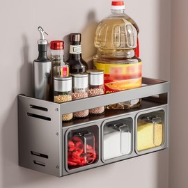 Edumov Spice Rack with Spice Jars, Spice Rack Standing & Wall, Spice Jars with Shelf, Spice Rack/Spice Holder, Spice Organiser for Kitchen, Worktop, Cabinet, Hanging Spice Rack, No Drilling Required