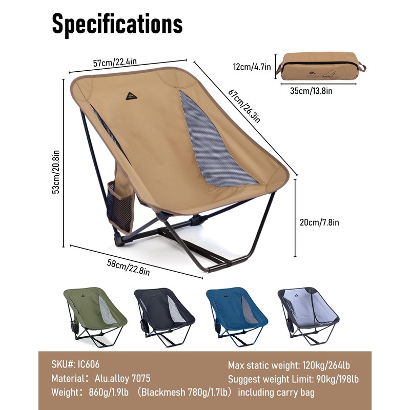 iClimb Low Ultralight Compact Camping Folding Chair with Side Pocket