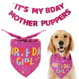 Dog Birthday Bandana Banner Set, Dog Birthday Party Supplies, Triangle Scarf Triangle Dog Scarfs Bandanas, It's My Bday Mother Puppers Sign Banner for Medium Dogs Pets(Pink, M)
