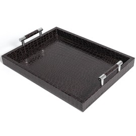 SXNOWS Faux Leather Rectangle Serving Tray with Handles, Large Decorative Tray for Ottoman Coffee Table Decor Living Room, Kitchen, Bathroom, 16x12inches (Dark Brownish Red)