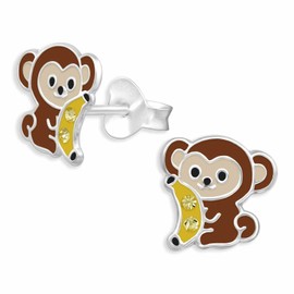 Monkimau Monkey Stud Earrings Made of 925 Silver Jewellery Silver Earrings Medical for Children Girls Women, Silver