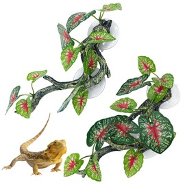 kathson 2 PCS Reptile Corner Branch Resin Snake Climbing Accessories with Leaves Terrarium Plant Decoration with Suction Cup Lizard Plant Ornament for Frog Bearded Dragon Gecko Spider Climbing