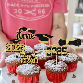 24 Pcs Graduation Cupcake Toppers 2025, Gold Glitter Grad Cupcake Topper for Graduations Decoration, Class of 2025 Toppers Party Supplies