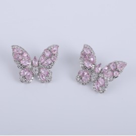 GTKIKM S925 Sterling Silver Pink Zirconia Butterfly Earrings, Attract Money Lucky Earrings (Pink Butterfly)
