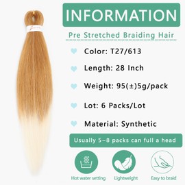 Dilekay Ombre Blonde Braiding Hair Pre Stretched 28 Inch 27/613 Braiding Hair Extensions for Braids 6 Packs Professional Hot Water Setting Braid Hair Soft Yaki Straight Braiding Hair