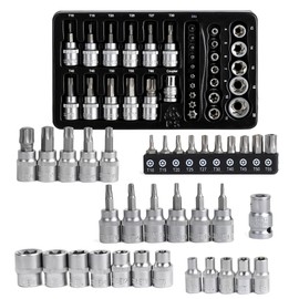 Topline 34-Piece 1/4”& 3/8” Drive E-Torx Socket Set and Torx Bit Socket Set, with Storage case, Premium CR-V Steel, E4-E20, T10-T60, Star Socket Set for Mechanic and Home Repair