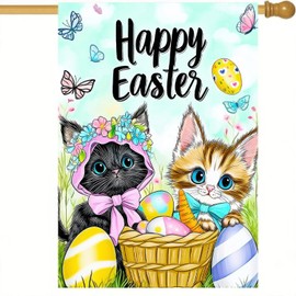 BlissYard Welcome Happy Easter Garden Flag 12 x 18 Double Sided Easter Cat Garden Flag Bunny Ears Decorative Yard Outdoor Home Small Decor Kitty Kitten Spring Farmhouse Outside House Banner