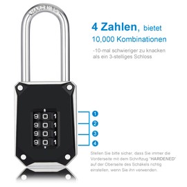 ZHEGE Lock with Combination Code, Long Shackle 57 mm, Heavy Duty Padlock Numbers with Large White Code and Reset Protective Cover, Lock Locker (Black/Silver)