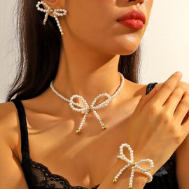 Pearl Earrings Necklace Bracelet for Women Pearl Jewelry Set Gifts Pearl Drop Earrings Pearl Choker Necklace for Women Trendy Stuff