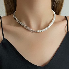 Yienate Pearl Strand Necklace Choker Silver Cuban Chain Asymmetrical Pearl Necklace Vintage Chunky Link Chain Baroque Faux Pearl Choker Statement Beads Charm Necklace Jewellery for Women Girls, Metal,
