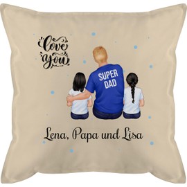 Cushion 50 x 50 cm - for Father's Day - Super Dad Two Children I Best Dad Gift Birthday - 50 x 50 cm - Beige Natural - Photo for Dad Cushion Father's Day Gift Name Decorative Cushion for 2 Children