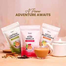 Teaniru, Assorted Holiday Chai Tea Collection | 3 Flavors x 3.5 oz each | Rose Vanilla Chai, Indian Spiced Masala Chai & Saffron Cardamom Chai | Winter Chai Tea Blends in Resealable Ziplock Pouches | 120 Servings