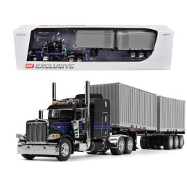 DCD Peterbilt 389 Diecast Toy 63\" Mid-Roof Sleeper Jet Black Container Trailer Stripes Featuring Two 20' Dry Goods Containers