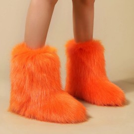 2026 NEW KJ 2025 Factory Wholesale Winter Fluffy Faux Fur Raccoon Women's Flat Heel Middle Sleeve Fury Boots Fur BootsColor: Orange fox, Size: 38