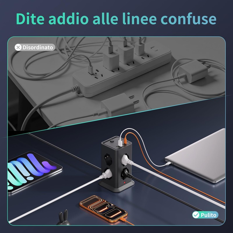 2 M Ciabatta Elettrica Multipresa con 8 Prese Universali ITA