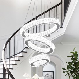 Finktonglan Modern LED Chandeliers 3 Rings Crystal Chandelier Ceiling Light Fixture Adjustable Height and Stainless Steel Pendant Lighting Fixtures for Dining Room Living Room Kitchen(Cool White)