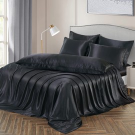 Ersmak 7 Pieces Satin Sheets Set Queen Size, Luxury Silky Black Satin Bed Sheets Set with 1 Deep Pocket Fitted Sheet, 1 Soft Flat Sheet, 4 Queen Pillowcases and 1 Body Pillowcase
