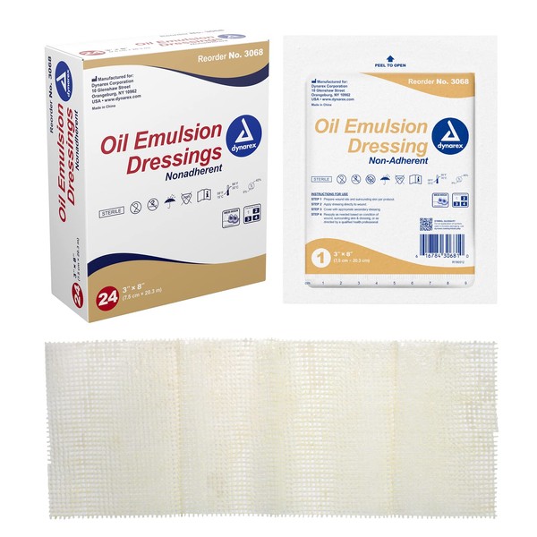 Dynarex Oil Emulsion Dressings, Wound Care, Absorbent, 3” x 8” Sterile Knitted Gauze Dressing with Emulsion Blend of Petrolatum and Sunflower Oil, 1 Box of 24