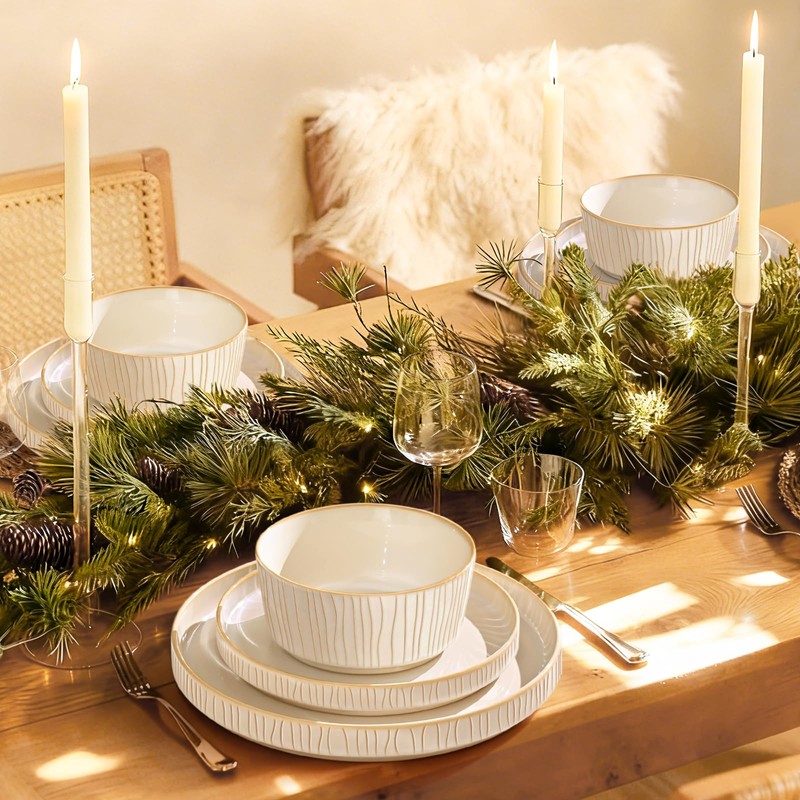 Feastly Stoneware Dinnerware Sets for 4, 12 Pcs Ribbed Reactive