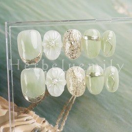 Herbeluemily Nail Tip, Short, Handmade, 3D Storage Case, 10 Pieces, Flower, Mermaid, Oval Green, S