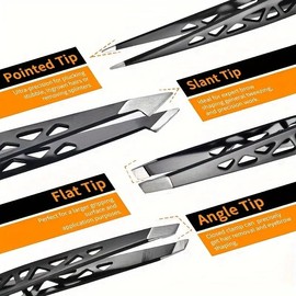 Professional Stainless Steel Tweezers Set, 4-Piece, Black, Precision Tips for Eyebrow Shaping and Hair Removal