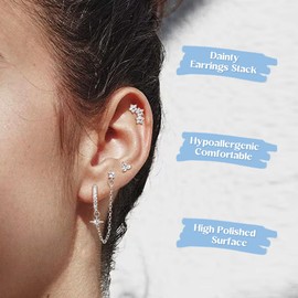 JeweBella 4 Pairs of Earrings Silver 925 Women's Stud Earrings Hoop Earrings Gold Set 18K Gold-Plated Earrings Stackable Helix Piercings Earrings Hanging Hypoallergenic Cartilage Earrings Set