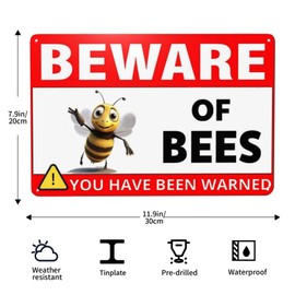 Beware Bees Tin Sign 8X12 Inch Vintage Funny Bee Design Ideal For Garden Dining Room Outdoor House Bathroom Wall Art Rustic Finish Gift