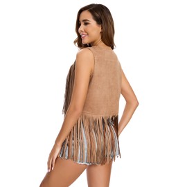 XonyiCos Women's Fringe Vest 70s 60s Hippie Vest Sleeveless Cowgirl Western Faux Suede Tassel Leather Jacket Carnival and Role Play Costumes (Khaki Tassel Vest, L)