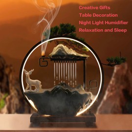 15In Water Fountains Indoor Tabletop Waterfall Humidifier with LED Light and Atomizer Mist, Japanese Zen Decor Meditation Fake Plants Bonsai Feng Shui Decor Festival Birthday surprise Good Luck Wealth