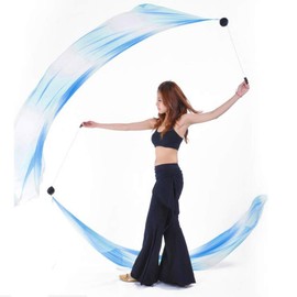 2Pcs Silk Veils Poi Chain Balls Women Belly Dance Poi Streamer Throw Ball for Party (Lakeblue White)