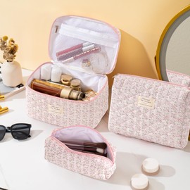 UUYUUY Makeup Bag for Women 3PCS Quilted Cotton Make Up Bag Travel Cosmetic Bag Large Makeup Bag Set Cute Makeups Organizer Floral Toiletry Pouch for Purse, Pink Stripe