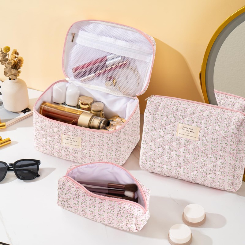 UUYUUY Makeup Bag for Women 3PCS Quilted Cotton Make Up