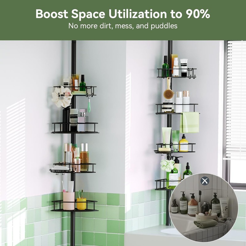 Binecer Corner Shower Caddy Tension Pole-4 Tier Adjustable Bathroom Shower