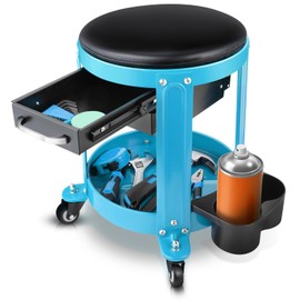 Auto Dynasty Round Mechanics Roller Seat, 300 LBS Capacity Rolling Creeper Garage Shop Seat with Drawers and Tool Tray, Mechanic Stool with Removable Padded Seat for Workshop Auto Repair, Blue