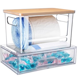 YAFFWA 2Pcs Trash Bag Holder Under Sink Stackable Storage, Extra Large Laundry Room Organization and Storage, Laundry Pod Organization with Lid, Garbage Bag Dispenser Roll Holder for Kitchen Cabinet