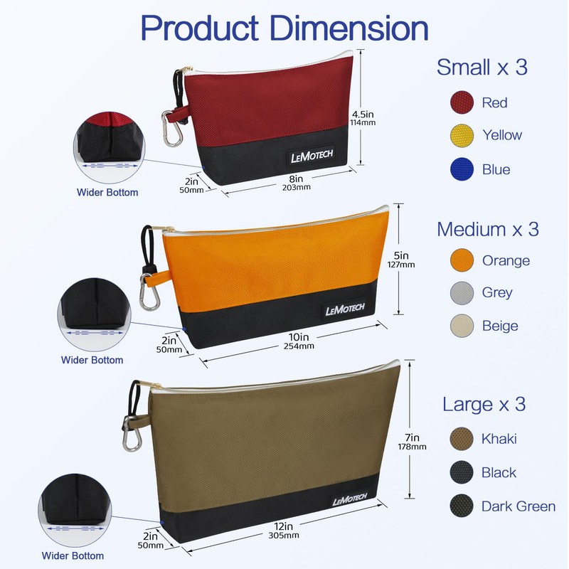 LeMotech Zipper Tool Bag with Carabiners, Water Resistant Stand-Up Utility