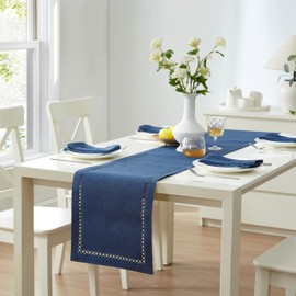 Newbridge Fabric Table Runner, 70 Inch, Holiday Provence Lattice Cutwork Solid Color Textured, Water and Stain Resistant Easy Care Fabric Table Cloth, Denim Blue