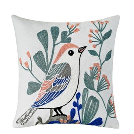 Bird Embroidered Cushion Covers, Colourful Decorative Floral Square Throw Pillow Covers for Farmhouse Living Room Bedroom Sofa Home Decor Art 45 x 45 cm