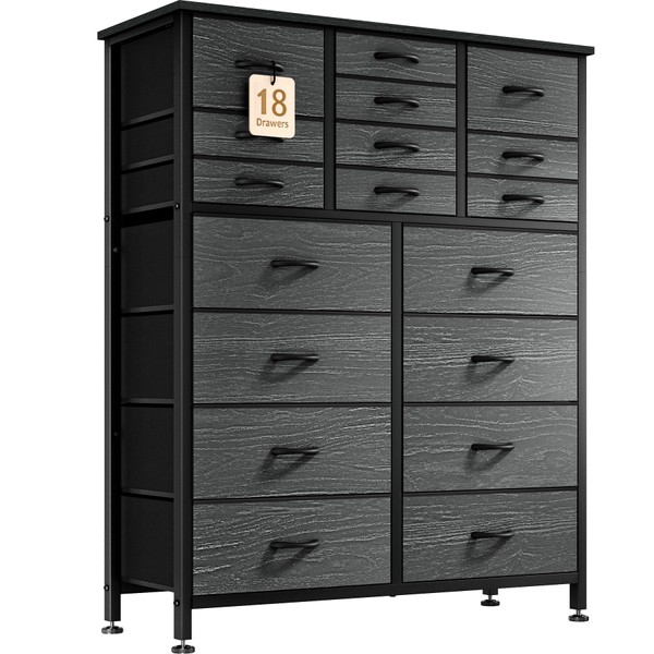 YaFiti 18 Drawer Dresser, Tall Dressers for Bedroom, Extra Large Capacity Fabric Storage Dresser with Wooden Top and Sturdy Metal Frame for Living Room, Closet, Hallway, Nursery (Black Wood Grain)
