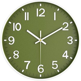 Mabpedo Modern Wall Clock, 10 Inch Digital Wall Clocks Battery Operated, Round Non Ticking Silent Analog Clock for Bedroom Living Room Kitchen Office Gym Classroom Decor, Olive Green