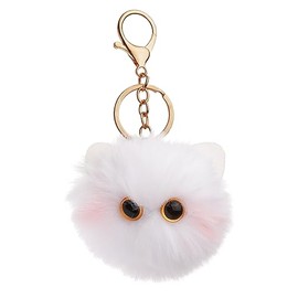 Looking Pompom Fluffy Plush Keyring Keychain Black Cat Cute Flexible Detailed Fur Ball Accessory Car Key Chain Bag Accessories, cat white