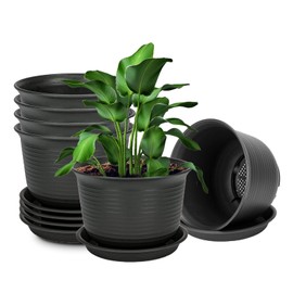 RIFNY Plant Pots, Indoor Outdoor Plastic Plant Flower Pots with Multiple Drainage Holes and Tray for Garden Plant, 7 inch Planter Pots Suitable for All Flowers and Succulents (6 pcs, Deep Gray)