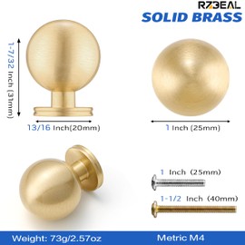 RZDEAL 1 Inch Gold Ball Cabinet Knobs Solid Brass Kitchen Cabinet Hardware Brushed Brass Dresser Drawer Pulls Knobs,4 Pack