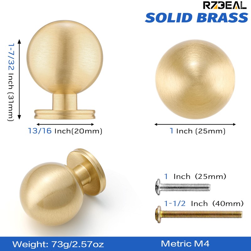 RZDEAL 1 Inch Gold Ball Cabinet Knobs Solid Brass Kitchen