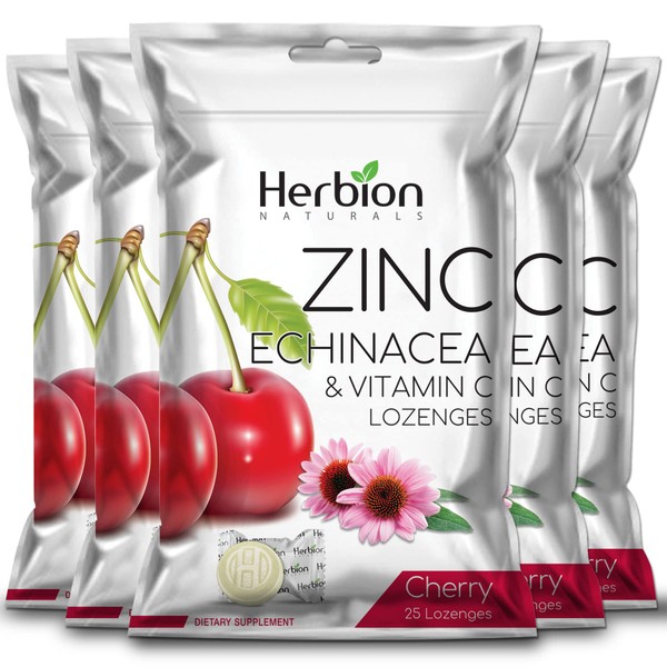 Herbion Naturals Zinc, Echinacea & Vitamin C Lozenges with Cherry Flavor, 25 CT - Dietary Supplement for Adults & Children 5+ - Promotes Wellness for the Whole Family - (Pack of 5) (125 Lozenges)