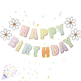 Colorful Macaron Happy Birthday Banner，Daisy Flower Bunting for Home or Garden Birthday Party Bunting, Candy Pastel Party Decoration Supplies